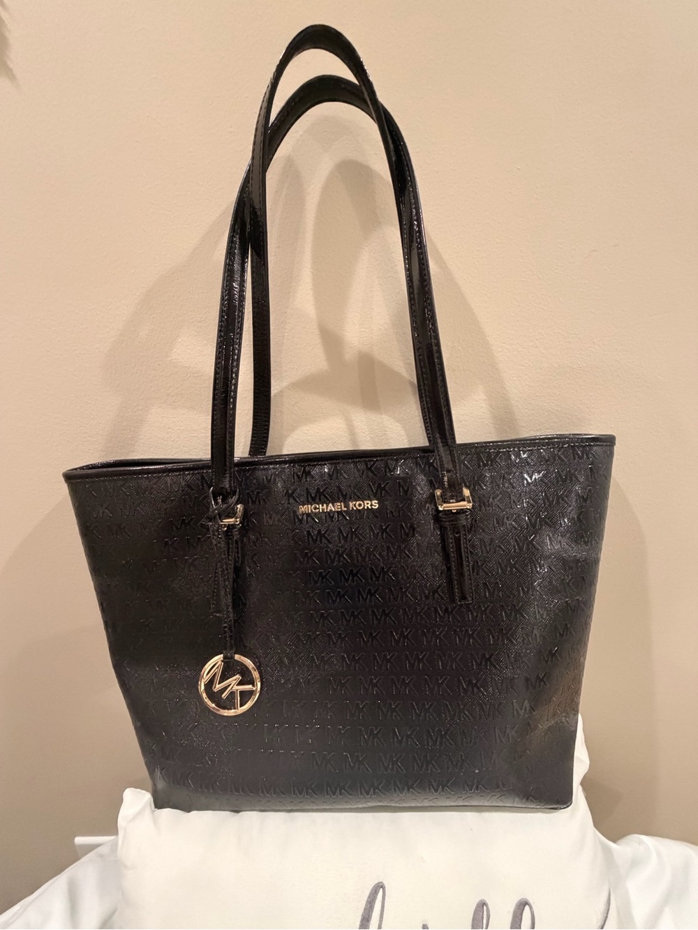 Michael Kors Black MK Logo Tote with Gold Charm